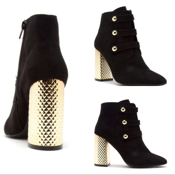 Black Booties With Gold Chunky Heel 